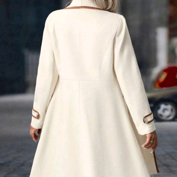 Women's Casual Collared Contrast Trim Button-Front Long Sleeve Coat - Picture 2 of 6